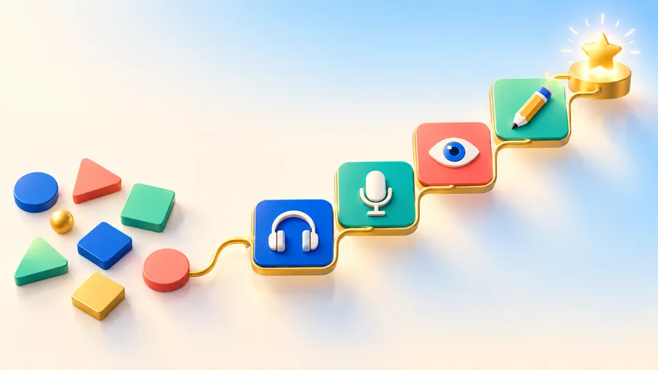 مسار ثلاثي الأبعاد تنتظم عليه رموز الاستماع والتحدث والملاحظة والكتابة وصولًا إلى نجمة، بعد عناصر هندسية متفرقة