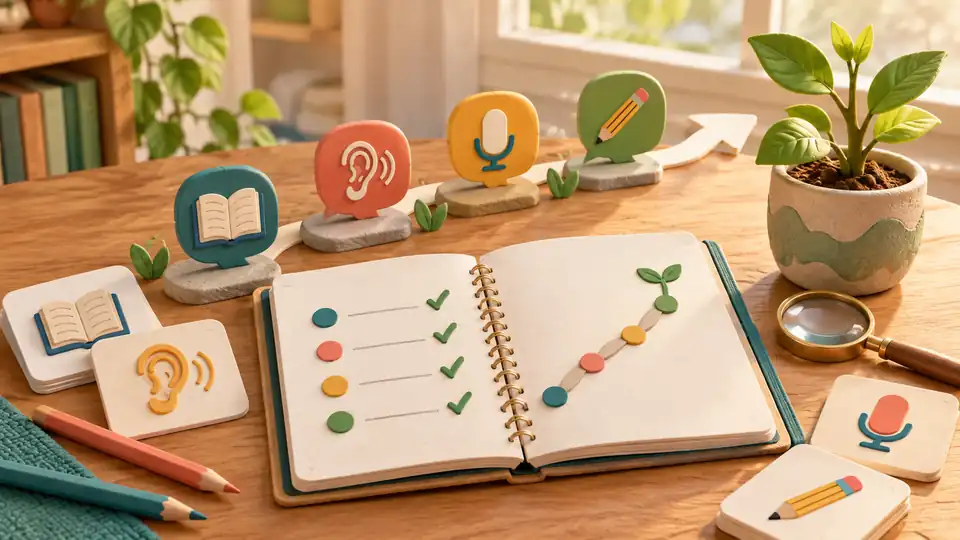 دفتر متابعة مفتوح بعلامات إنجاز ومسار نمو، تحيط به رموز الاستماع والقراءة والتحدث والكتابة ونبتة خضراء.